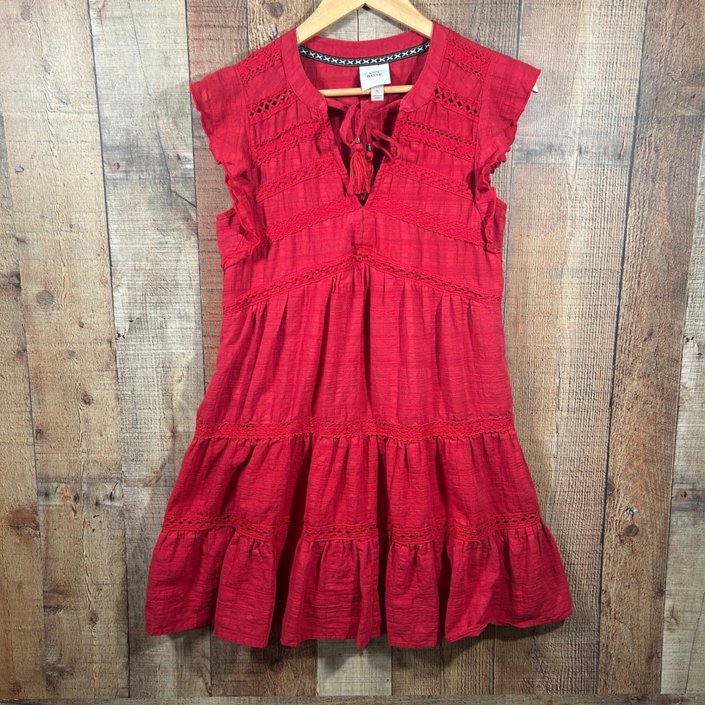 Knox Rose Peasant Dress Boho Cottagecore Crochet Tiered Gauze Burnt Red Small